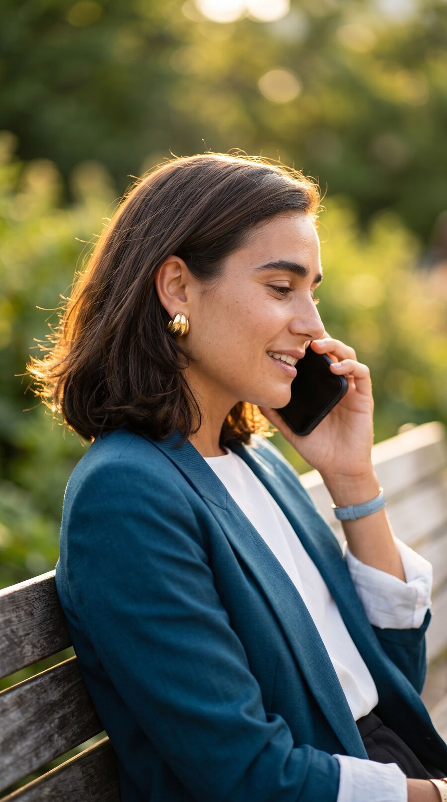 Miso en una banca del parque hablando por teléfono con Samantha